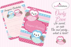 two pink and blue owls with hearts on them