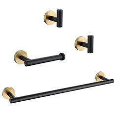 black and gold bathroom accessories set with handles, towel bar and toilet paper roll holder