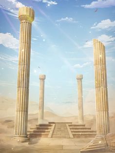 an artistic painting of some pillars in the middle of a desert with birds flying over them