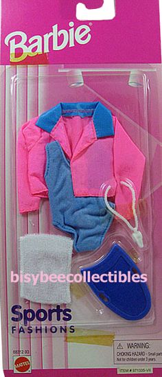 the barbie doll is wearing a pink shirt and blue pants with white socks on it