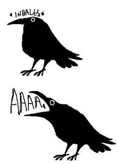 two black birds with words written on their heads and beaks, one in the shape of a crow