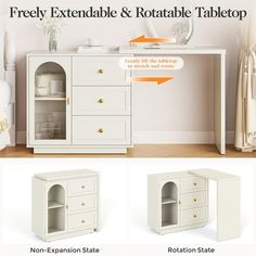 an image of a white table and cabinet with instructions on how to use it for storage