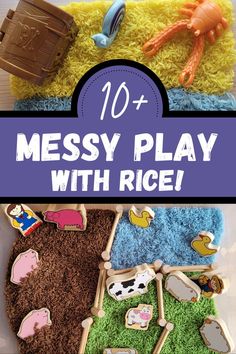 Pin text reads, 10+ messy play with rice! Images of ocean sensory play and farm sensory play with rice. Fun Sensory Activities, Sensory Bins For Toddlers, Rice Sensory Bin, Sensory Bin Ideas, Fall Sensory Bin, Easy Rice