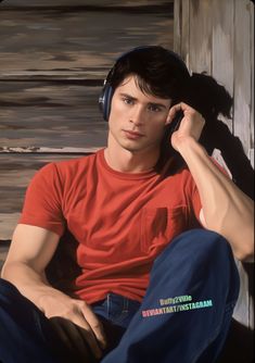 a painting of a young man wearing headphones