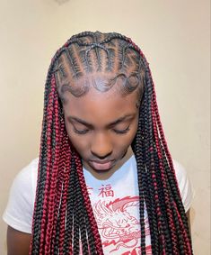 Pretty Fulani Braids, Fulani Braids With Color In The Back, Fulani Braids Skunk Stripe, Fulani Braids Red And Black, Fulani Braids 4c Hair, Free Style Fulani Braids, Fulani Braids With Design And Color, Peak A Boo Fulani Braids, Fulani Braids Criss Cross