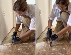 a woman in white shirt and black gloves working on floor