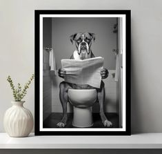 a black and white photo of a dog sitting on a toilet reading a newspaper while looking at the camera