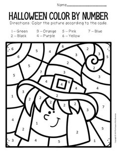 the halloween color by number page with a witch hat and pumpkins on it's head