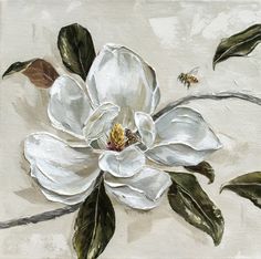 an oil painting of a white flower with green leaves and bees on the ground next to it