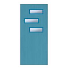 a blue door with three metal bars on the bottom and one in the middle that says e