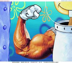 a painting of a man's arm and torso in front of a blue background