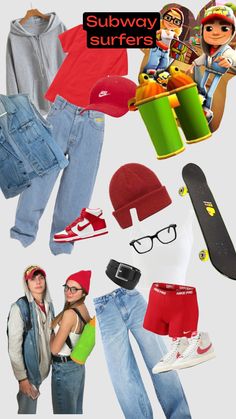 various items are arranged in the shape of a collage, including jeans and hats