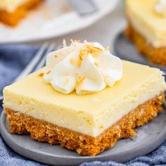 a piece of cheesecake on a plate with a fork and napkin in the background