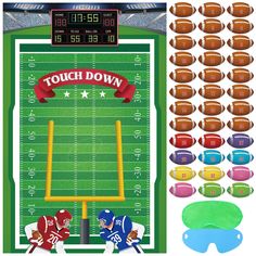 an image of a football field with markers and stickers for touch down on it