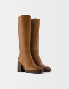 Block heel boots - Shoes - Women | Bershka Bershka Boots, Brown Leather Knee High Boots, Camel Boots, Brown Heeled Boots, Trending Sandals, Trainer Heels, Trending Boots, Block Heel Boots, Dream Shoes