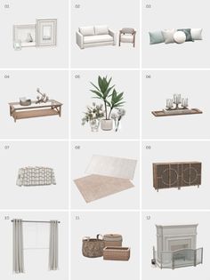 a bunch of different types of living room furniture and decor items in white, neutral colors