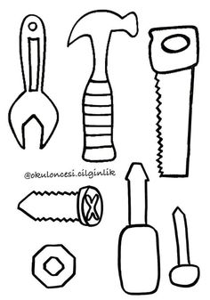 various tools are shown in this black and white drawing, which includes scissors, hammers,