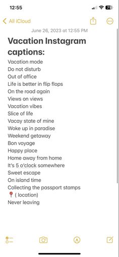 an iphone screen with the caption for vacation instagrams and other things to do