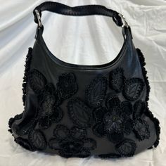 Gorgeous Black Leather Isabella Fiore Genuine Italian Leather Purse. Beaded Flower Details. Dress Up That Little Date Night Dress With This Fun Purse! Never Used, New Condition. Includes Storage Bag. Going Out Purse, Italian Leather Purse, Date Night Dress, Floral Purse, Boho Flowers, Fancy Bags, Black Purse, Date Night Dresses, Leather Purse