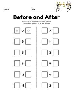 the before and after worksheet for numbers 1 - 10, with an image of two