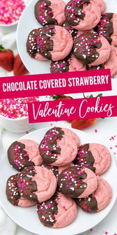 chocolate covered strawberry valentine cookies with pink frosting and sprinkles on white plates