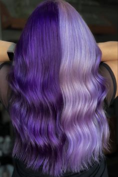 Multi Purple Hair, Purple And Lilac Hair, Lavender Hair Color Ideas, Purple Hair With Light Purple Highlights, Purple With Blonde Money Piece, Lilac Color Hair, Purple Hair Designs, Lavender Dyed Hair, Purple And Light Purple Hair