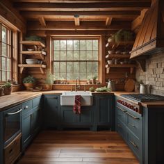 a kitchen with blue cabinets and wood floors, wooden ceilinging and open shelving