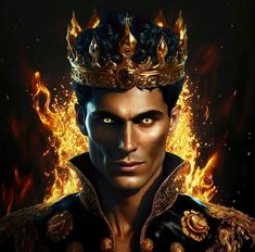 a man with a crown on top of his head in front of fire and flames