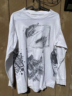 (eBay) 25" from mid shoulder seam to bottom hem. 19" chest area (armpit to armpit). I will respond promptly. Escher T Shirt, Mc Escher, Vintage Cotton, White T Shirt, No Brand, White Long Sleeve, White Tshirt, White Vintage, Overalls