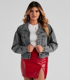 With this denim jacket, it'll take less time to put together a fab outfit! It features a trendy oversized silhouette, long sleeves with button cuffs, a collar neckline, a front button-down placket, big front pockets, and button tab accents along the cropped hem. Complete the look in a sleek faux leather skirt.Fit & FeaturesLong sleeves, button cuffs, collar necklineFront button-down placketBig front pocketsCropped hem with tab button accentsOversized silhouetteAcid wash denim fabricFits true to size Crop Denim Jacket, Acid Wash Denim, Cropped Denim Jacket, Black Denim Jacket, Faux Leather Skirt, Oversized Silhouette, Cropped Denim, Light Denim, Denim Outfit