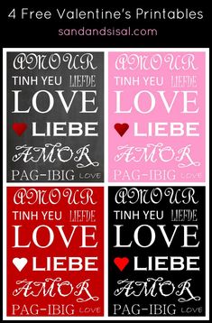 four valentine's day printables with the words love and peace