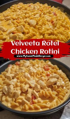 two pans filled with chicken rotini pasta on top of a table