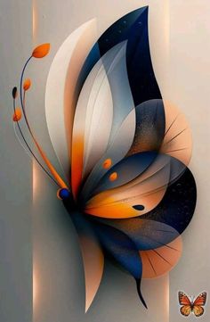 an abstract painting with blue, orange and white colors on the side of a wall