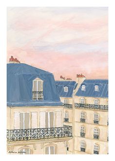 a painting of some buildings with windows and balconies on the top floor, in front of a pink sky