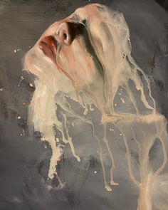 an abstract painting of a woman's head with her eyes closed and hair blowing in the wind