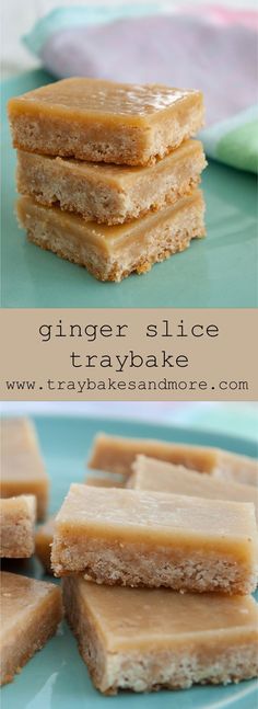 ginger slice tray bakes are stacked on top of each other and ready to be eaten