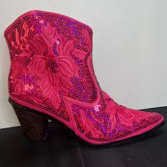 Brand New From Helen’s Heart. Size Up For Best Fit. 3 Inch Heel. Lined To Be Worn With Or Without Socks. Zipper Enclosure. Embroidered And Sequins. Ships Same Or Next Day Via Usps Priority Mail From Nashville, Tn Pink Western Ankle-high Boots, Pink Ankle-high Western Boots, Pink Round Toe Booties For Fall, Pink Ankle-high Booties For Fall, Pink Ankle Booties For Fall, Pink Snip Toe Boots For Winter, Red Booties, Heart Shoes, Funky Shoes