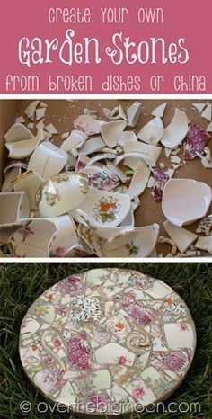 some broken dishes are laying on the ground and there is an advertisement for garden stones from broken dishes or china