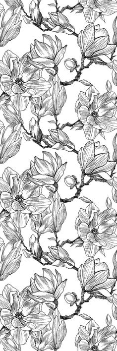 black and white drawing of flowers on a branch