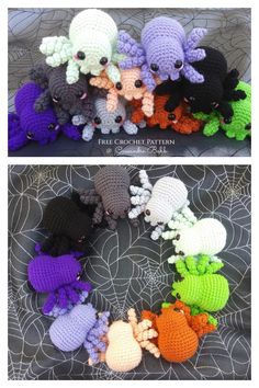 several crocheted stuffed animals sitting on top of each other in different colors and sizes