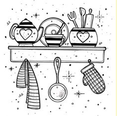 kitchen utensils and dishes on the shelf hand drawn illustration in black and white