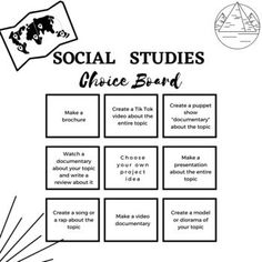 the social studies choice board is shown in black and white