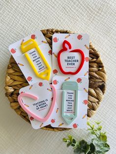 three magnets sitting on top of a basket next to a potted green plant