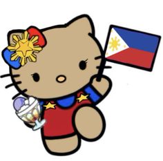 a hello kitty holding a philippines flag in her right hand and wearing a red, white, and blue outfit