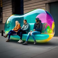 three people sitting on a bench made out of bubbles