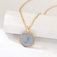 ClaudiaG Astral Necklace Blue Blue Amulet, Lightning Pendant, Coin Choker, Lighting Bolt, Lovers Necklace, Celestial Necklace, Daily Jewelry, Round Pendant Necklace, Moon Pendant Necklace