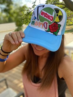 This vintage trucker hat stands out from the crowd with its custom foam 5-panel design and inspirational Dream Big slogan. With its adjustable snapback closure for a perfect fit, this hat looks great and is sure to get you compliments. - 5-panel Foam Trucker Hat - Baby Blue/White Affordable Letter Print Curved Bill Trucker Hat, Customizable Casual 5-panel Snapback Hat, Casual Customizable 5-panel Snapback Hat, Fun Snapback Hat With Letter Print For Streetwear, Fun Blue Baseball Cap For Streetwear, Fun Snapback Trucker Hat For Streetwear, Fun Snapback Baseball Cap For Streetwear, Fun Snapback Baseball Cap For Sports Events, Fun 5-panel Baseball Cap For Streetwear