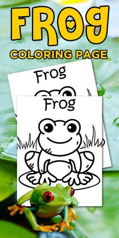 the frog coloring page is shown in front of lily pads