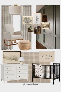 a baby's room with neutral colors and furniture