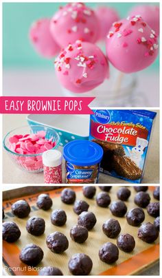 chocolate brownie pops with pink sprinkles on top and an image of the batter